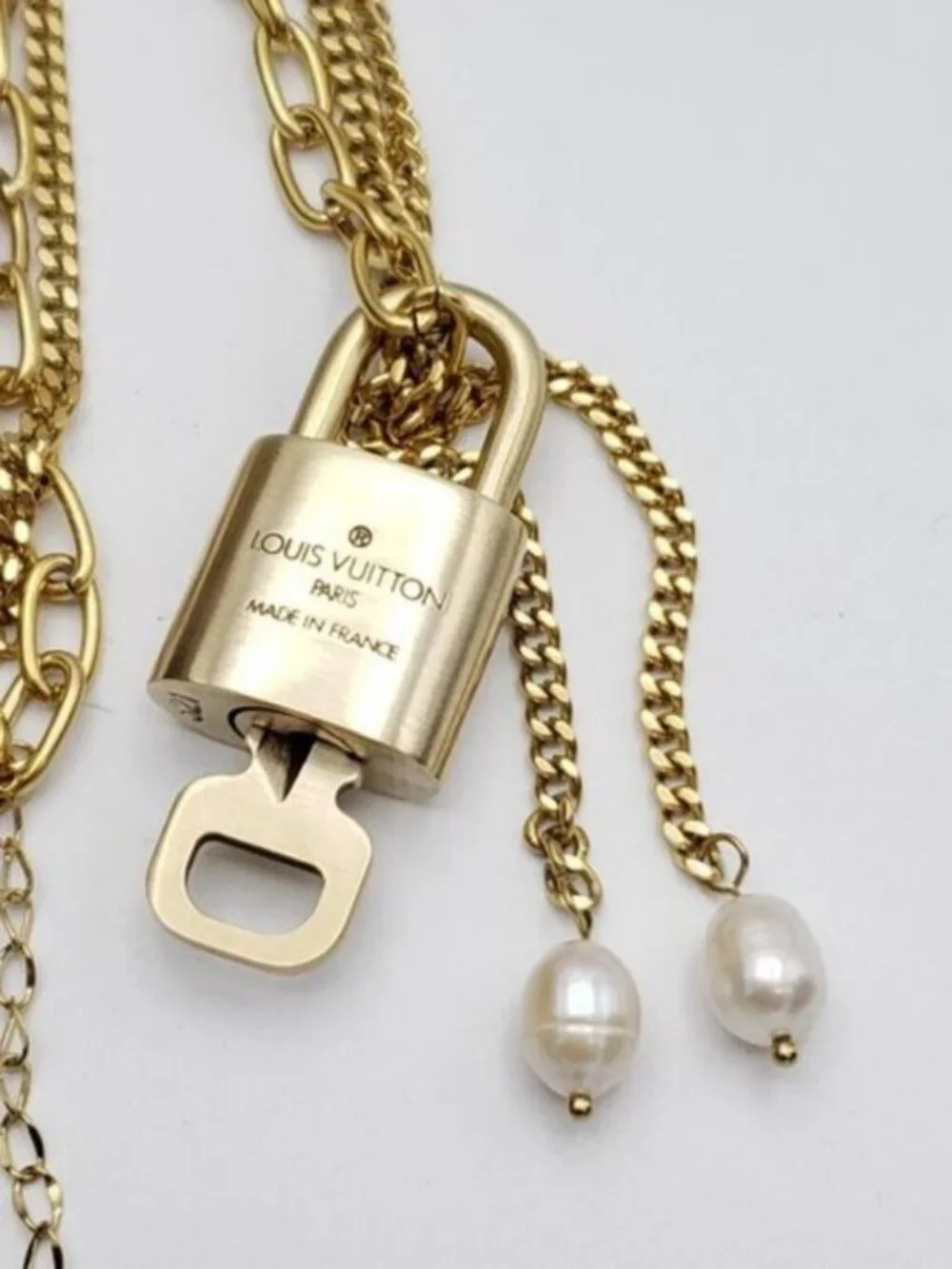 Stainless Steel Gold-Plated Necklace with Authentic Louis Vuitton Padlock